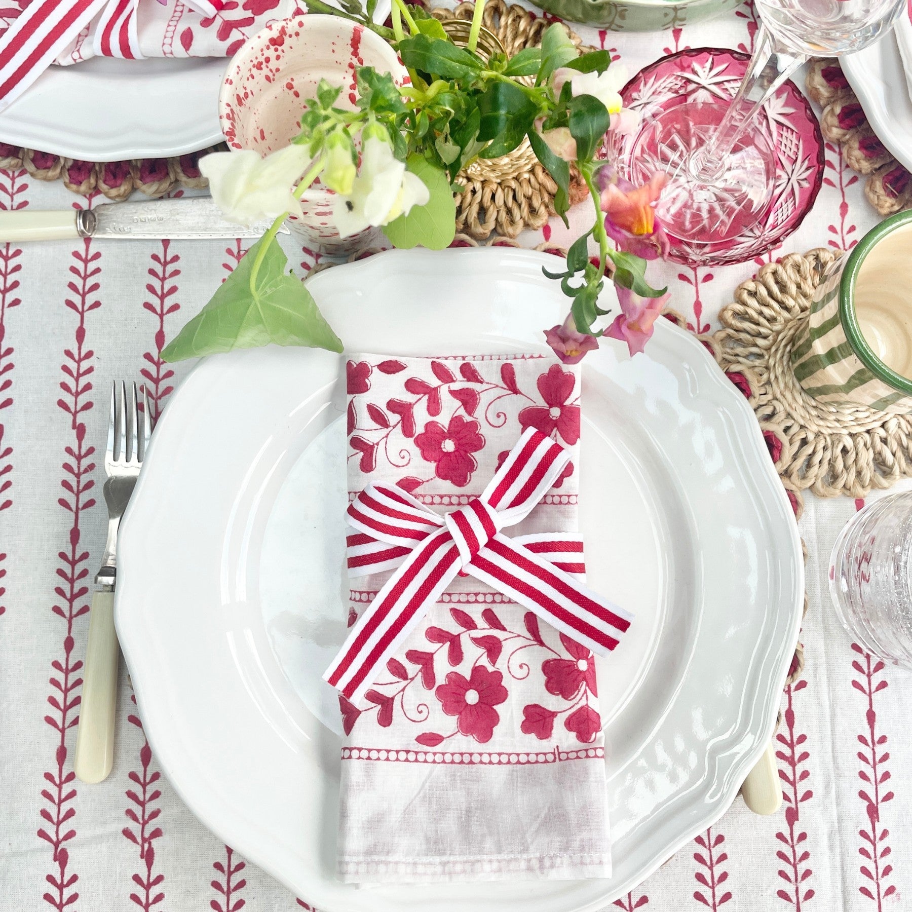 Red Floral Stripe Napkins ( Set of Four) The Charpoy