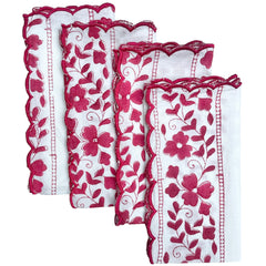 Red Scalloped Floral Stripe Napkins (Set Of Four)