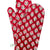 A pair of red oven gloves with a floral hand block print pattern.