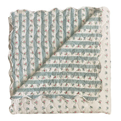 Quilted bedspread with a floral pattern in shades of blue and white, scalloped edges on the reverse. The Charpoy