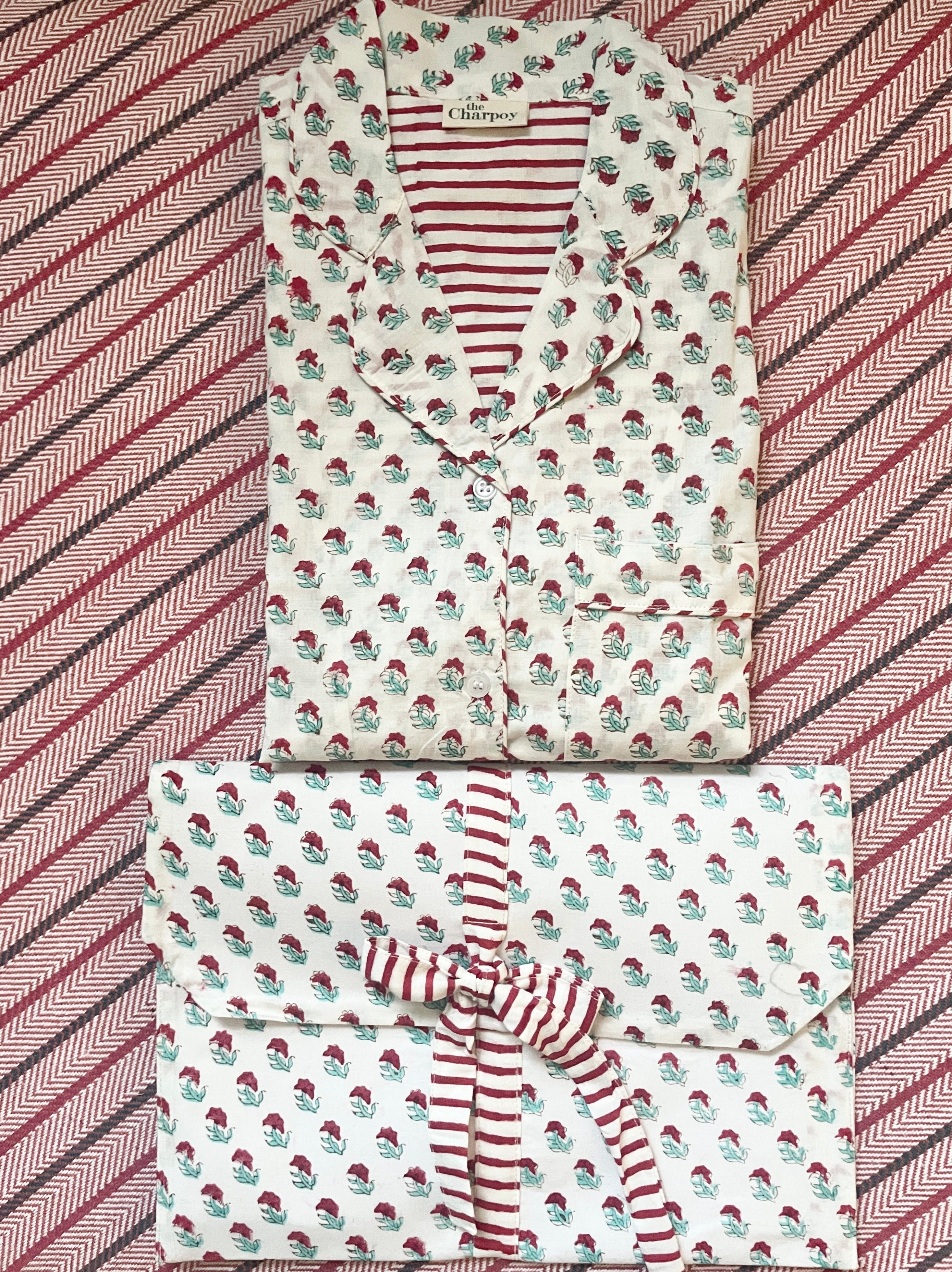 Red Flower Hand block Printed Cotton Pyjamas – The Charpoy