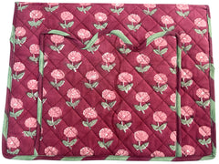 Scalloped and Quilted fabric with pink floral pattern on a plum red background laptop cover The Charpoy 