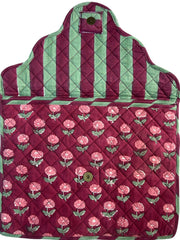 Scalloped edge and quilted hand block printed fabric with floral pattern and green stripes Laptop cover The Charpoy